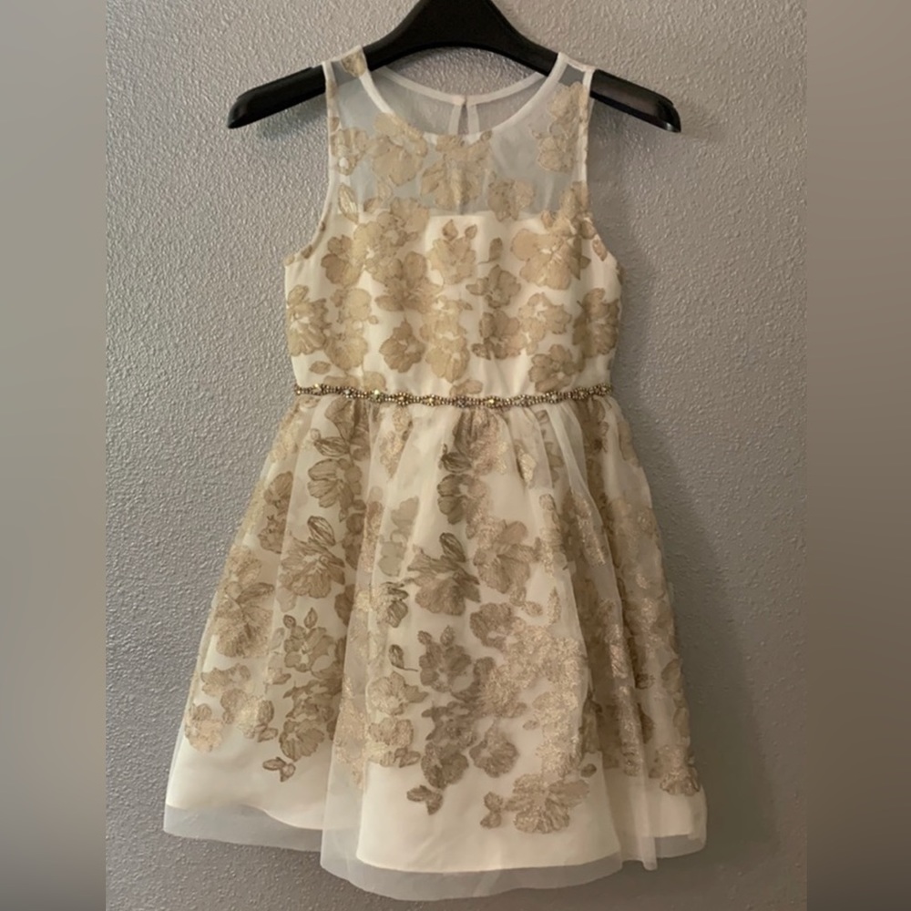 RARE EDITIONS metallic gold embroidered overlay crystal embellished girls dress